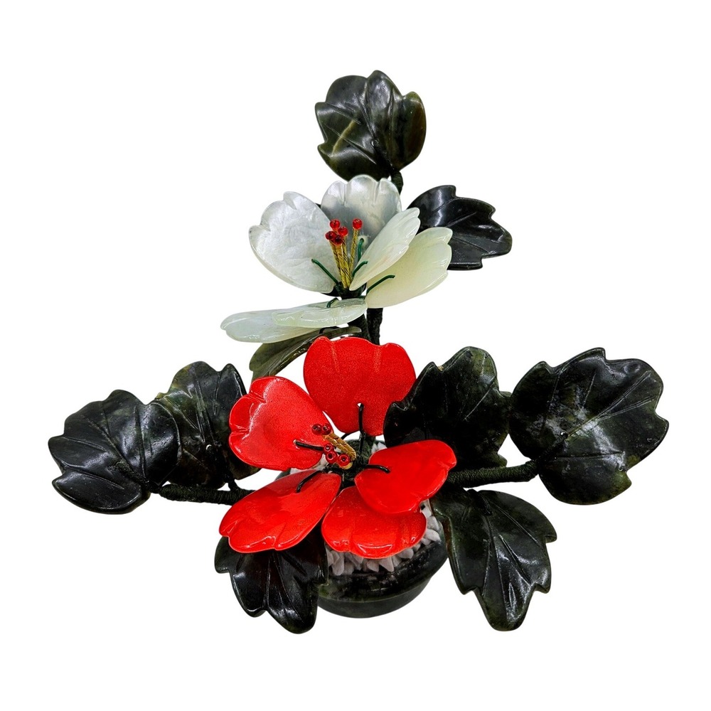 Vintage Yuan Feng Chinese Jade Bonsai Tree Red White Flowers Stone Pot 6"